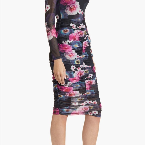 Floral Ruched Mesh Long Sleeve Midi Dress - Picture 3 of 9